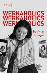 A black and white image of performer Shirong Wu who stares defiantly down the barrel of the camera. From either side of the frame, hands hold up cameras. On the phone screens we can see they are taking photos of Shirong from different angles. Photo is by Lucy Wylie.